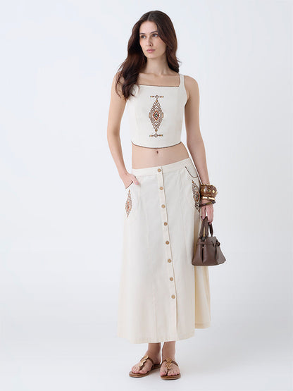 Utsa Cream Embroidered Cotton Top