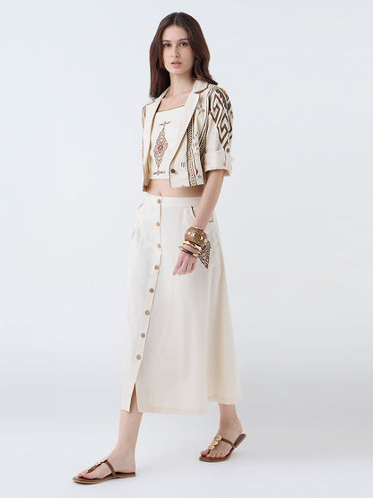 Utsa Cream Aztec Design Cotton Jacket
