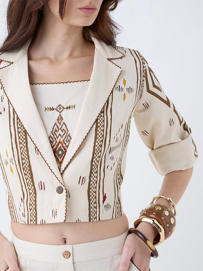 Utsa Cream Aztec Design Cotton Jacket