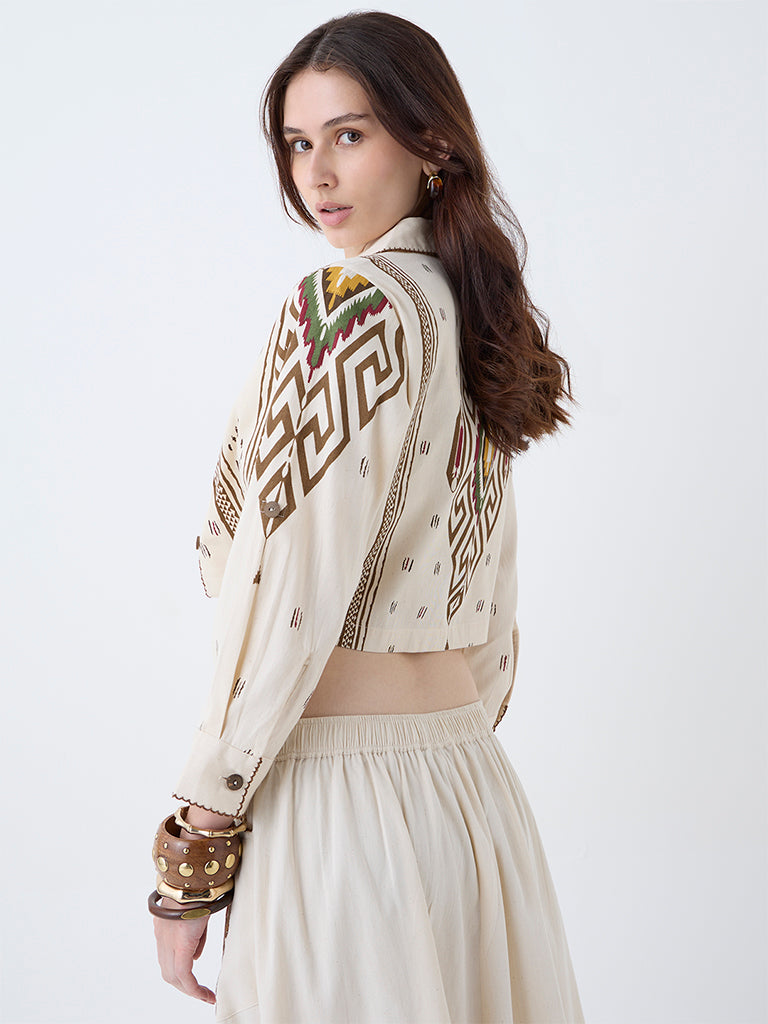 Utsa Cream Aztec Design Cotton Jacket