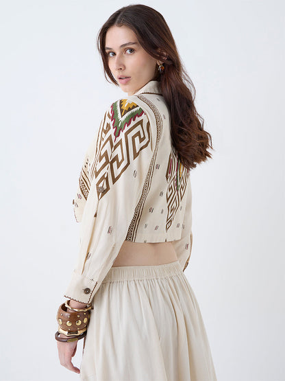 Utsa Cream Aztec Design Cotton Jacket