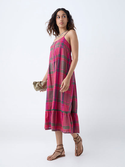 Utsa Pink Checkered A-Line Dress