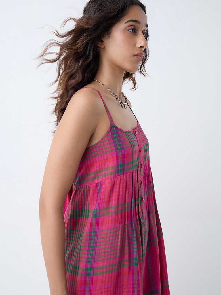 Utsa Pink Checkered A-Line Dress