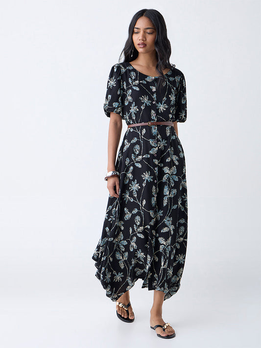 Utsa Black Leaf Pattern Asymmetric Dress with Belt