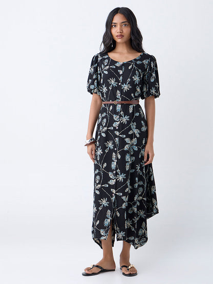Utsa Black Leaf Pattern Asymmetric Dress with Belt