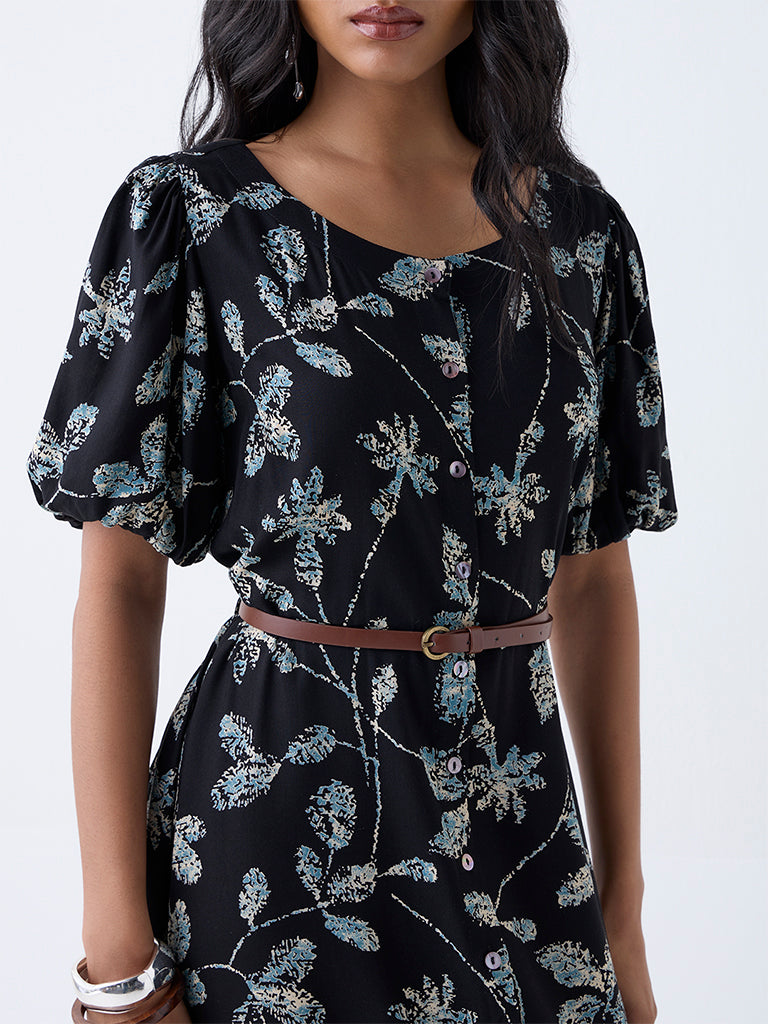 Utsa Black Leaf Pattern Asymmetric Dress with Belt