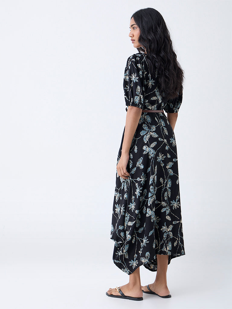 Utsa Black Leaf Pattern Asymmetric Dress with Belt