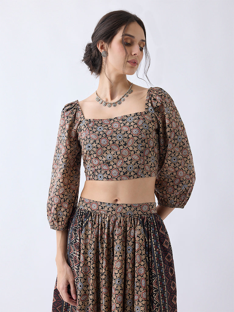 Utsa Taupe Printed Cotton Top