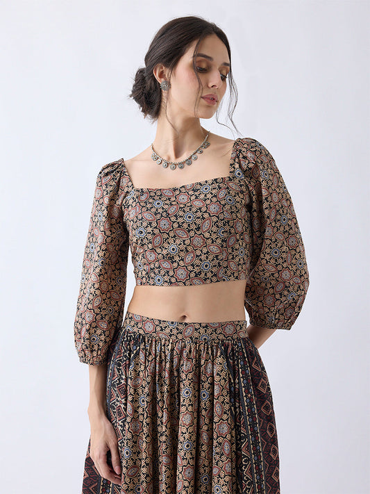 Utsa Taupe Printed Cotton Top