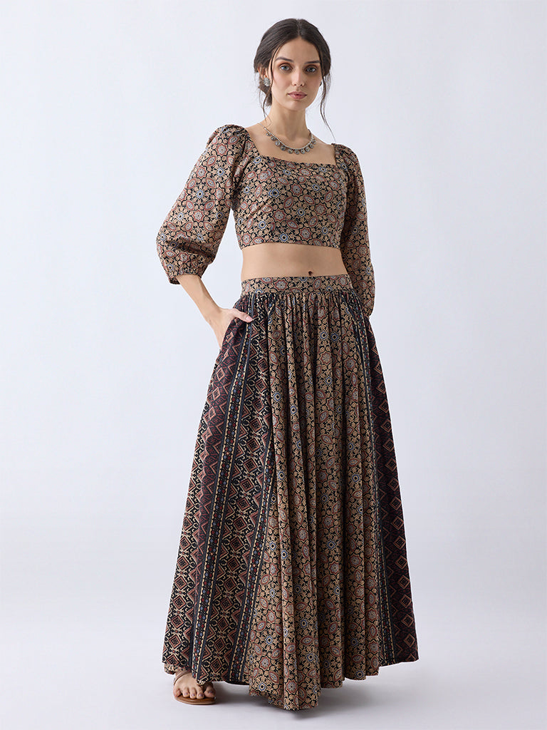 Utsa Taupe Printed Cotton Top