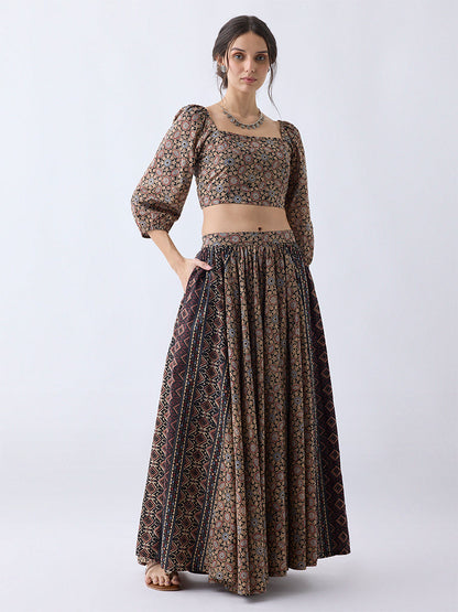Utsa Taupe Printed Cotton Top