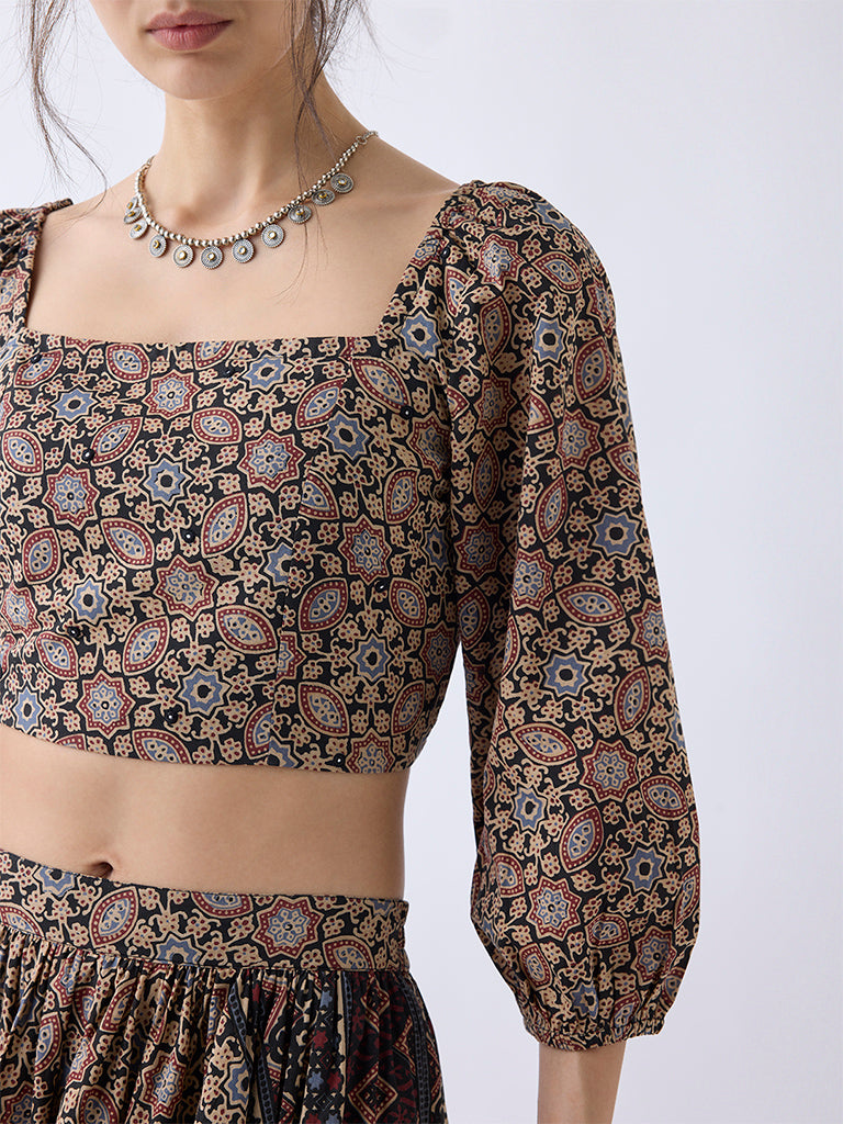 Utsa Taupe Printed Cotton Top