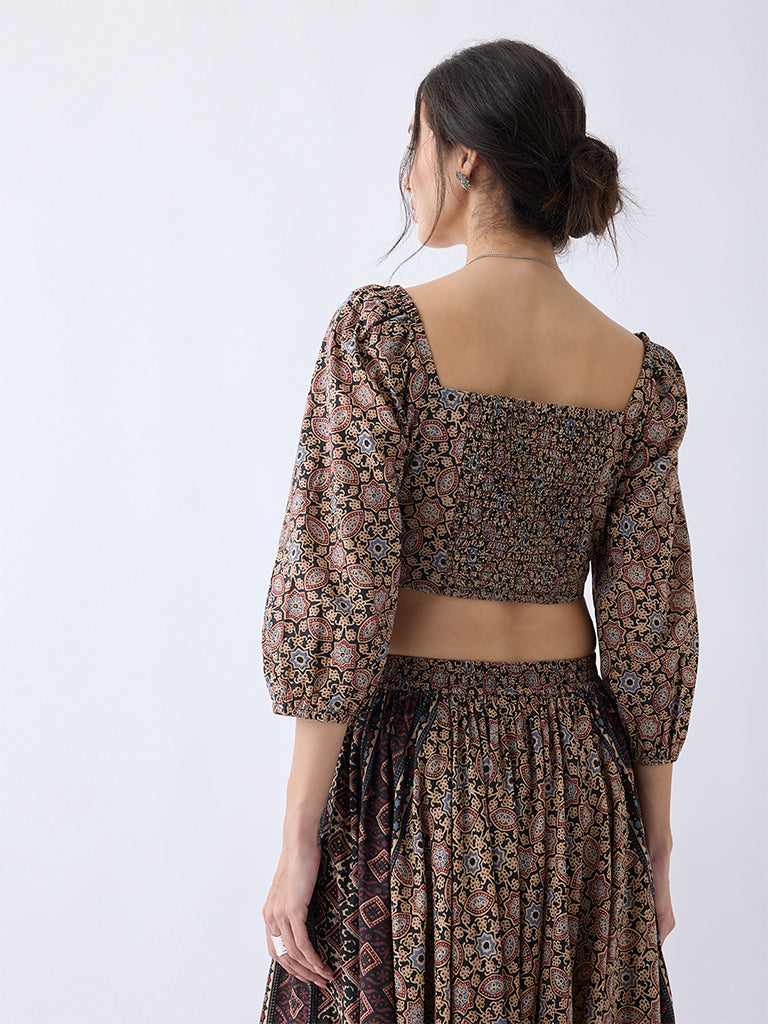 Utsa Taupe Printed Cotton Top