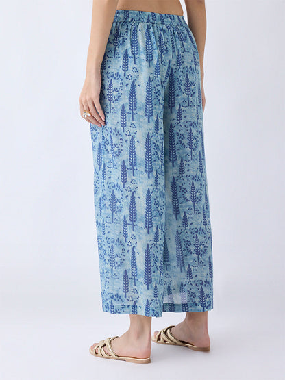 Utsa Blue Botanical Printed Pants