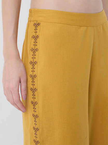 Utsa Mustard Embroidered Cotton Pants