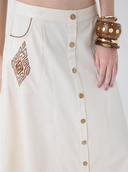 Utsa Cream Embroidered Cotton Maxi Skirt