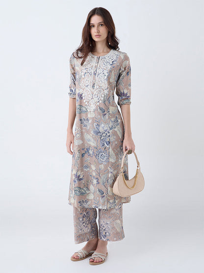 Utsa Beige Floral Pattern Pants