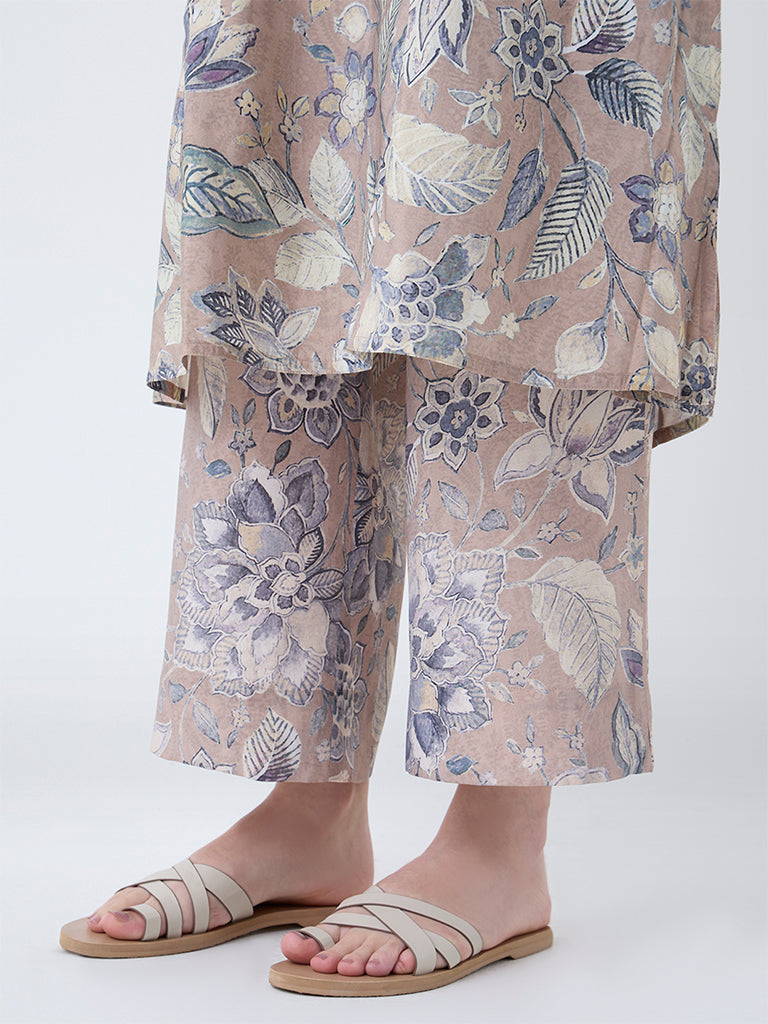 Utsa Beige Floral Pattern Pants