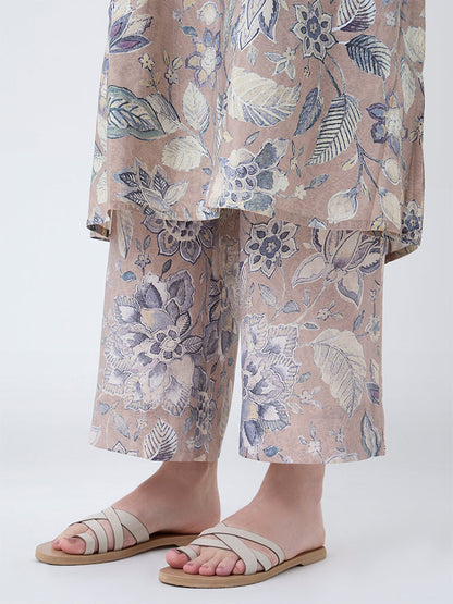 Utsa Beige Floral Pattern Pants