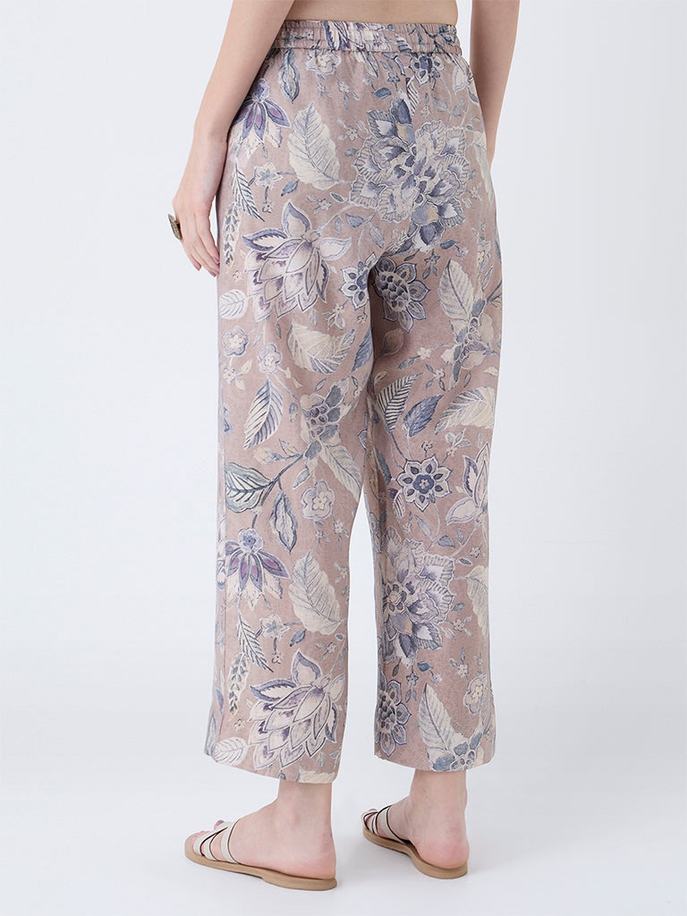 Utsa Beige Floral Pattern Pants