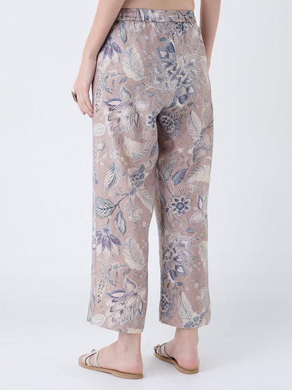 Utsa Beige Floral Pattern Pants