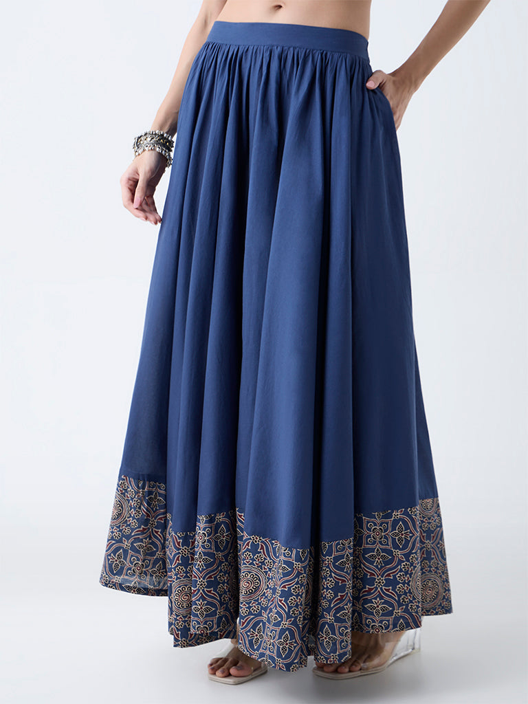 Utsa Indigo Printed Cotton Maxi Skirt