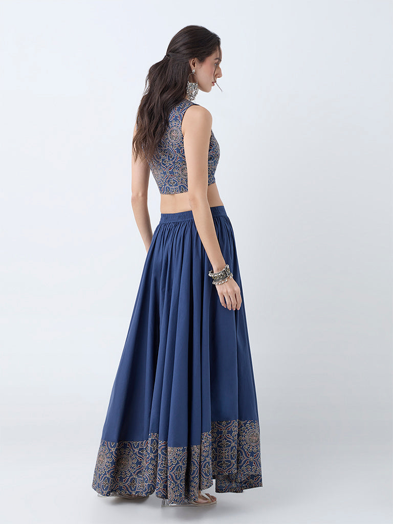 Utsa Indigo Printed Cotton Maxi Skirt