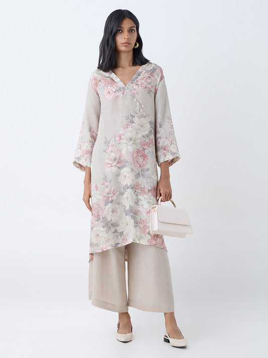 Zuba Taupe Floral Design A-Line Kurta