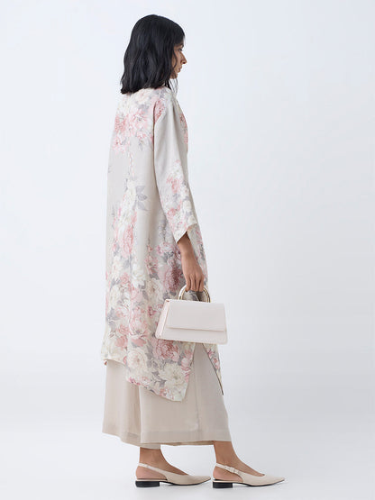 Zuba Taupe Floral Design A-Line Kurta