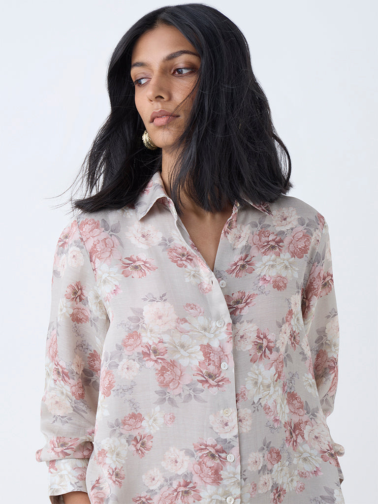 Zuba Taupe Floral Pattern Tunic