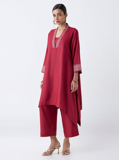 Zuba Red Embroidered A-Line Kurta