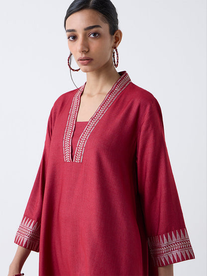Zuba Red Embroidered A-Line Kurta