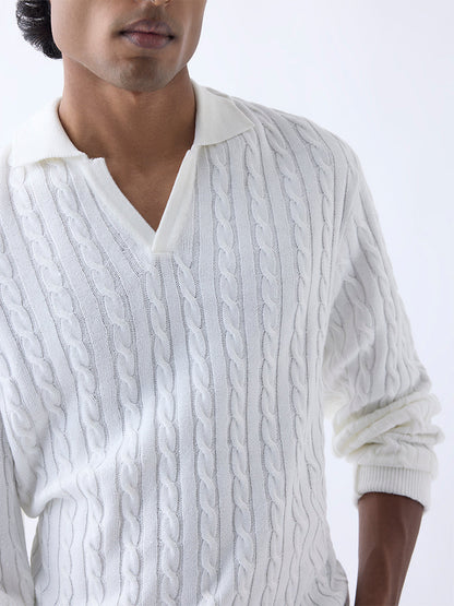 Ascot White Cable-Knit Relaxed-Fit Sweater