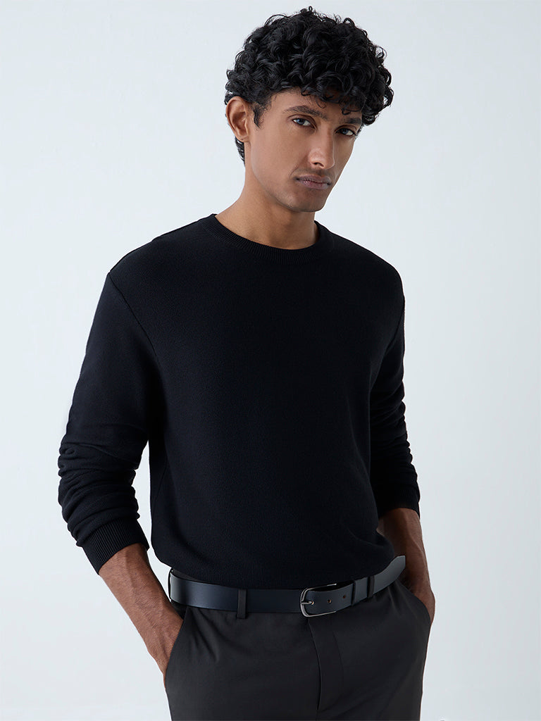 WES Formals Black Knitted Slim-Fit Sweater