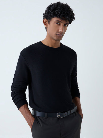 WES Formals Black Knitted Slim-Fit Sweater