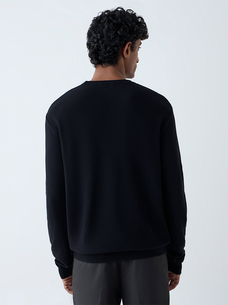 WES Formals Black Knitted Slim-Fit Sweater