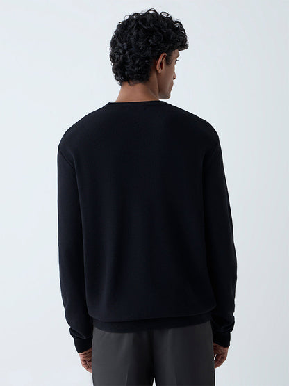 WES Formals Black Knitted Slim-Fit Sweater