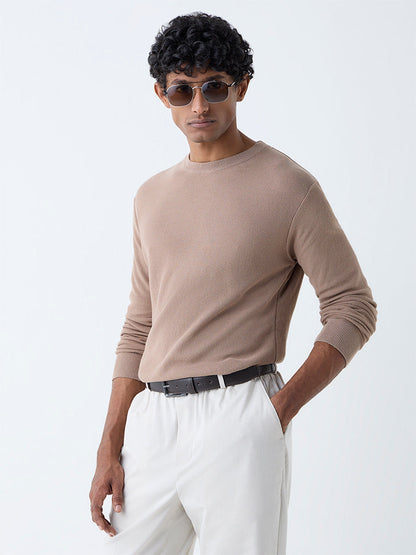 WES Formals Beige Knitted Slim-Fit Sweater