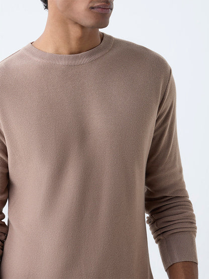 WES Formals Beige Knitted Slim-Fit Sweater