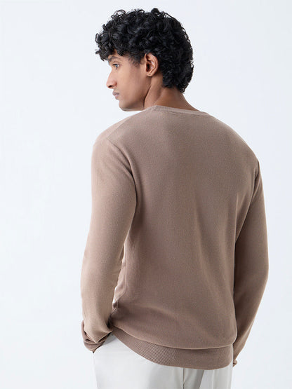 WES Formals Beige Knitted Slim-Fit Sweater