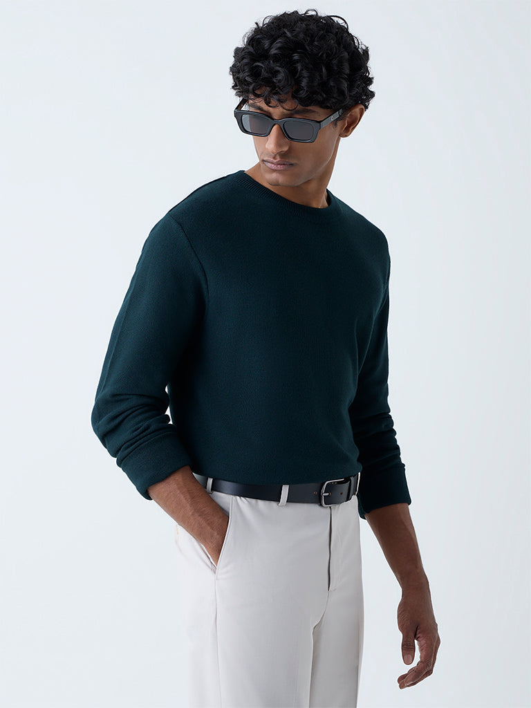 WES Formals Green Knitted Slim-Fit Sweater