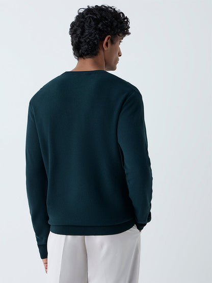 WES Formals Green Knitted Slim-Fit Sweater