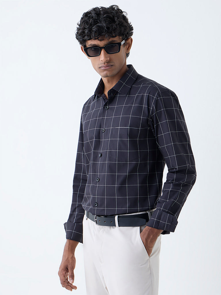 WES Formals Black Checks Pattern Relaxed-Fit Cotton Shirt