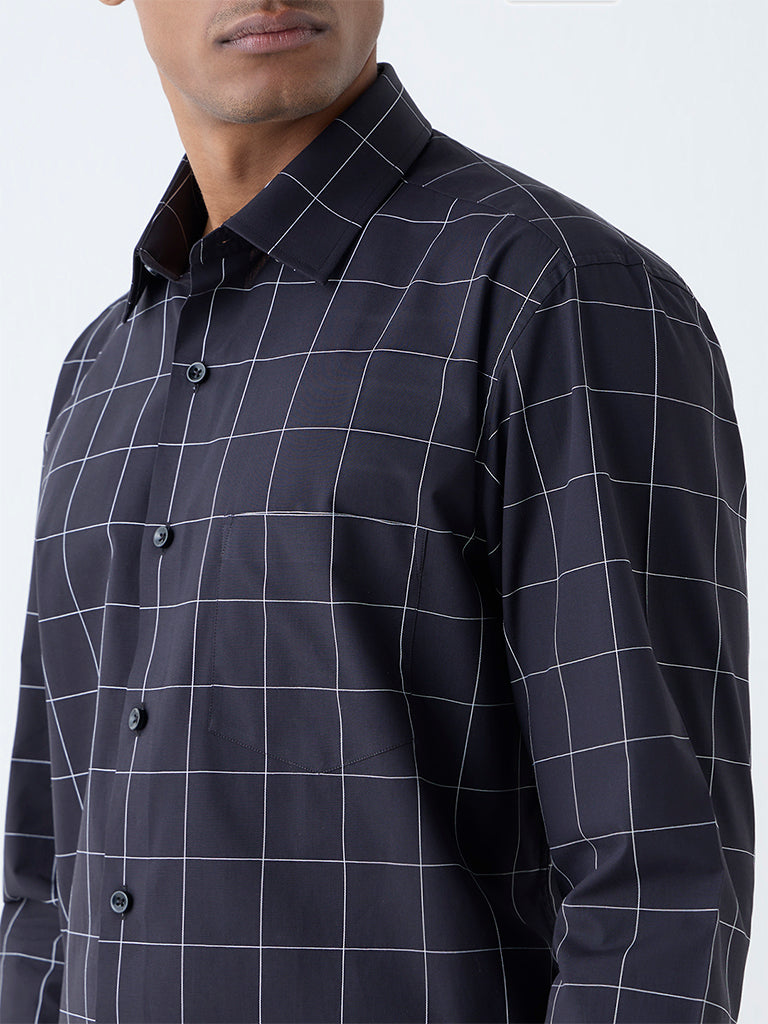 WES Formals Black Checks Pattern Relaxed-Fit Cotton Shirt