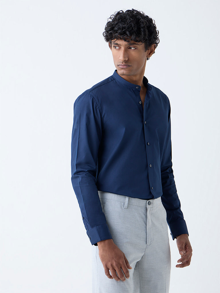 WES Formals Navy Solid Ultra-Slim Fit Cotton-Blend Shirt