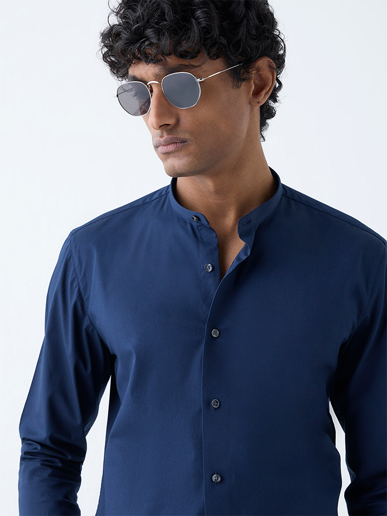 WES Formals Navy Solid Ultra-Slim Fit Cotton-Blend Shirt