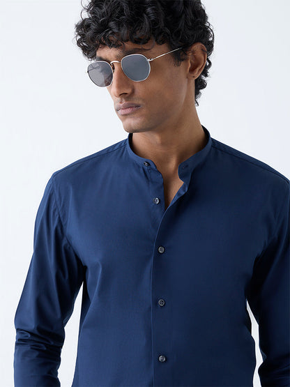 WES Formals Navy Solid Ultra-Slim Fit Cotton-Blend Shirt