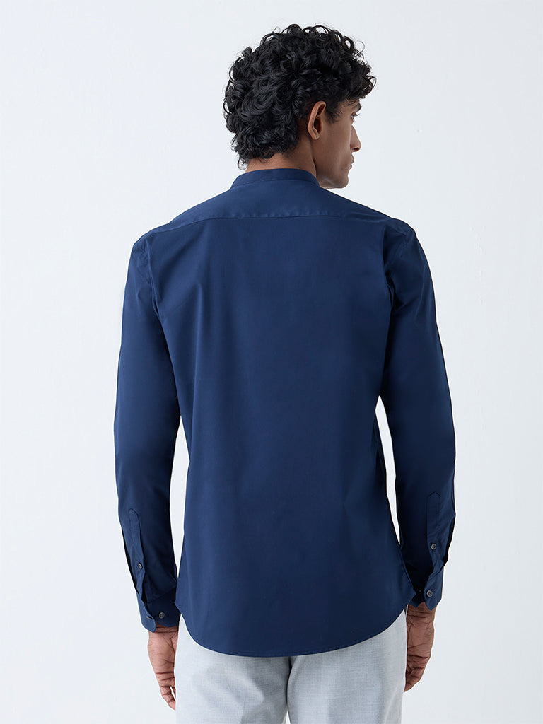 WES Formals Navy Solid Ultra-Slim Fit Cotton-Blend Shirt