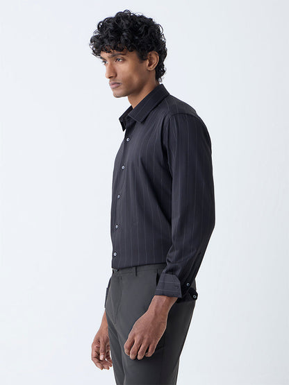 WES Formals Black Pinstriped Slim-Fit Shirt