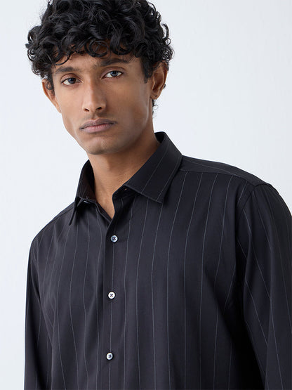 WES Formals Black Pinstriped Slim-Fit Shirt